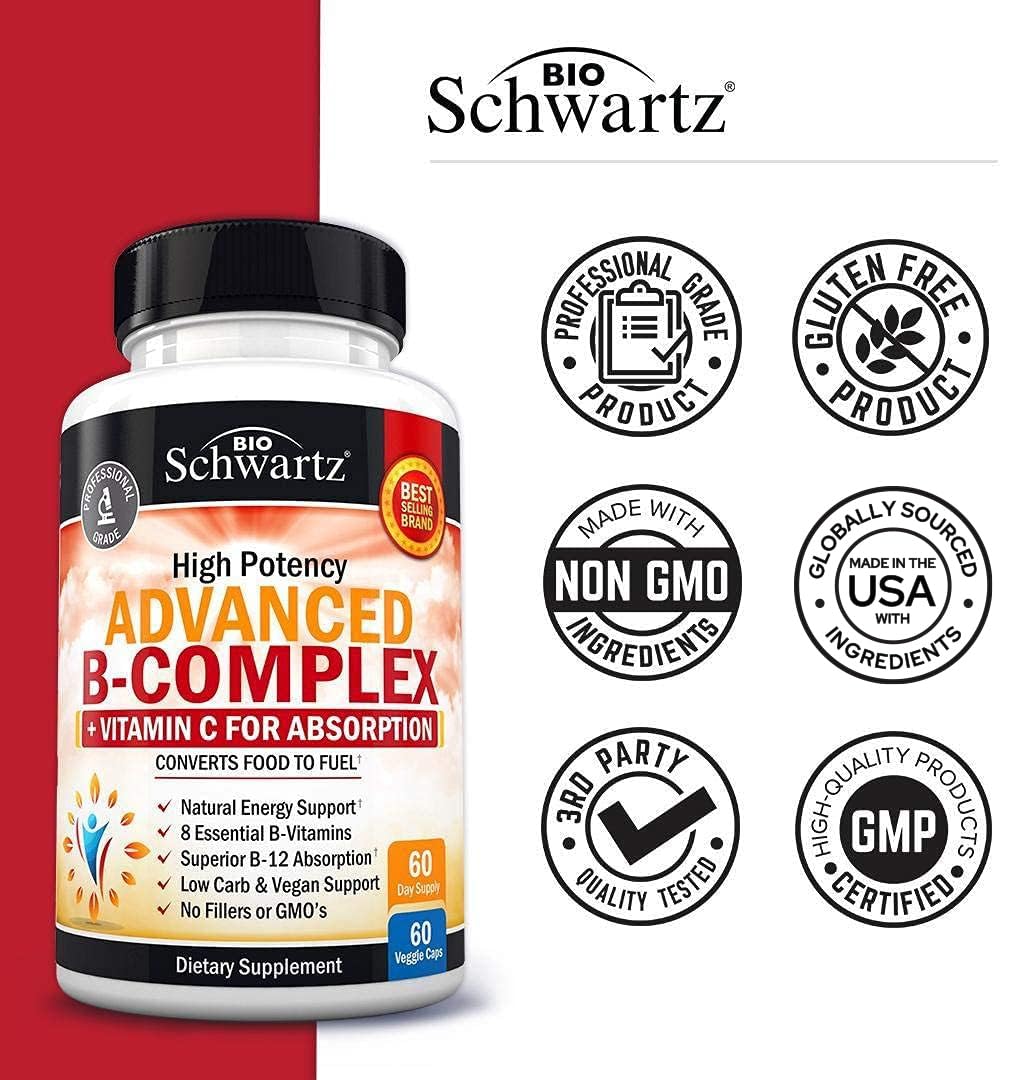 USA imported BioSchwartz advanced B complex bottle standing upright on clean surface