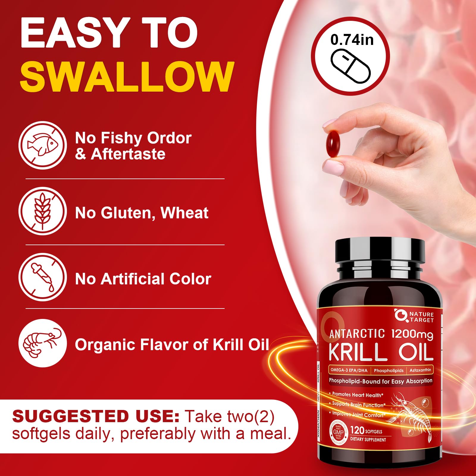 Easy to swallow krill oil softgels with no fishy aftertaste close up