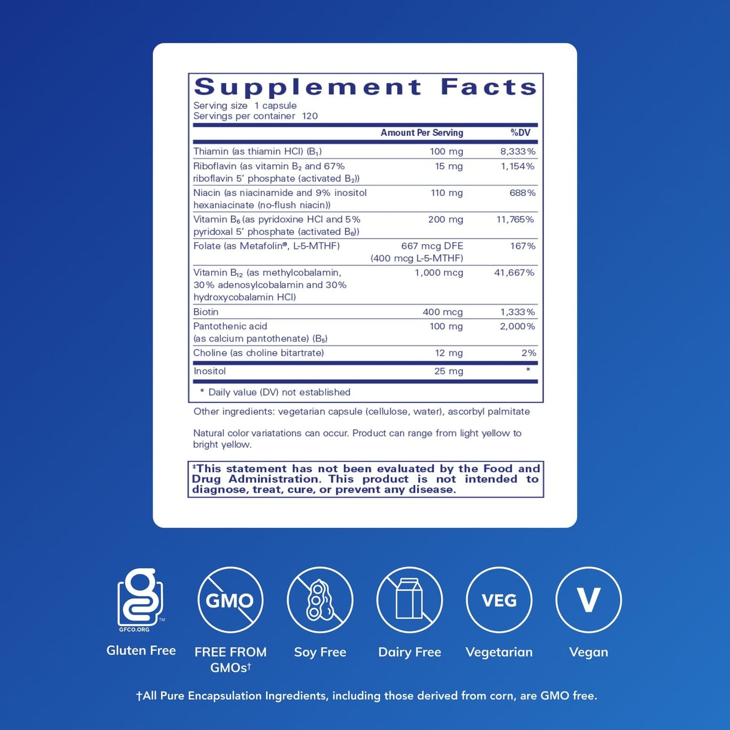 Pure Encapsulations B6 Complex dietary supplement label detailing activated B vitamins