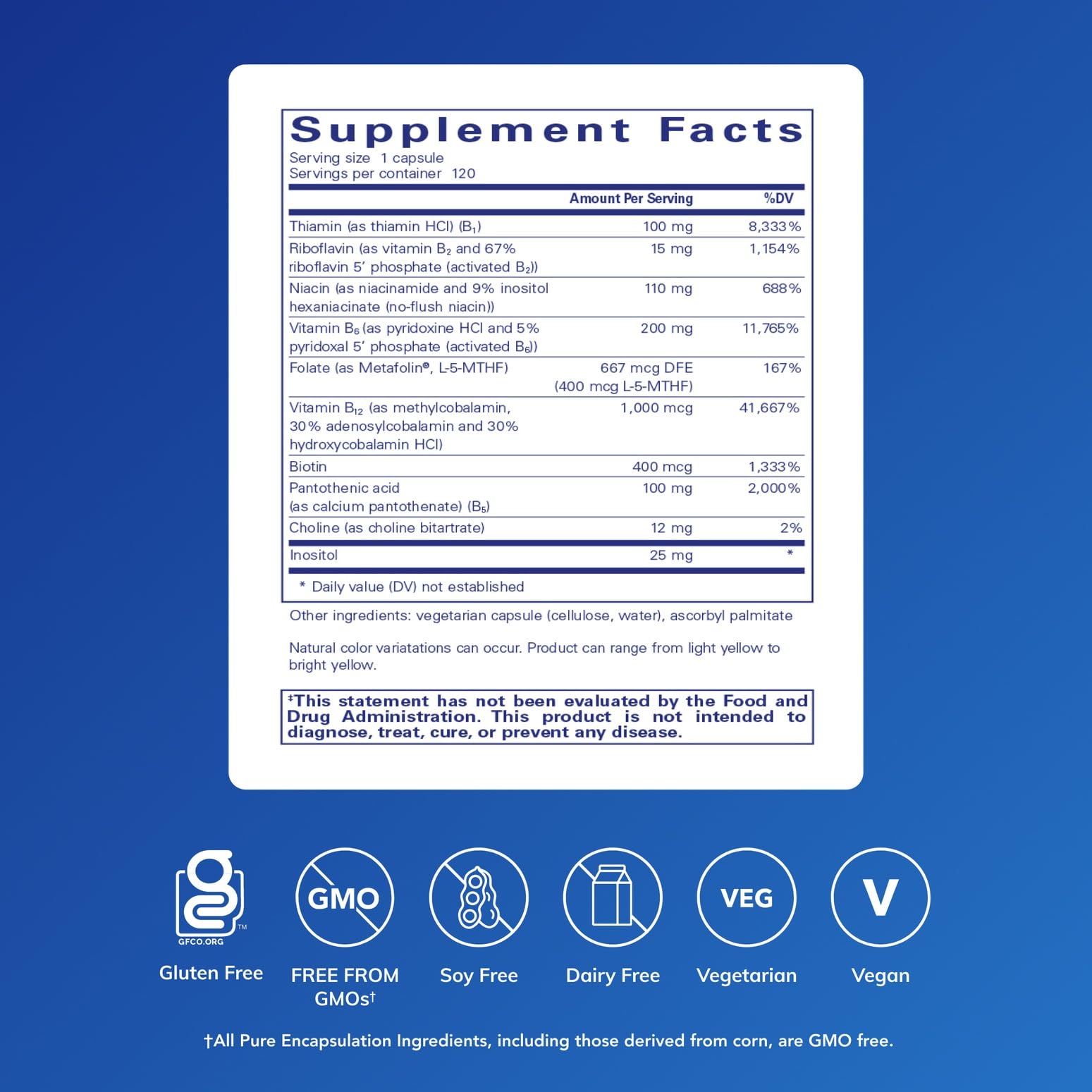 Pure Encapsulations B6 Complex dietary supplement label detailing activated B vitamins
