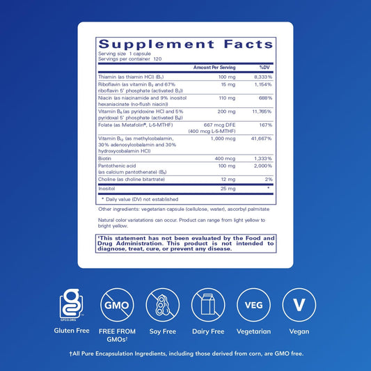 Pure Encapsulations B6 Complex dietary supplement label detailing activated B vitamins
