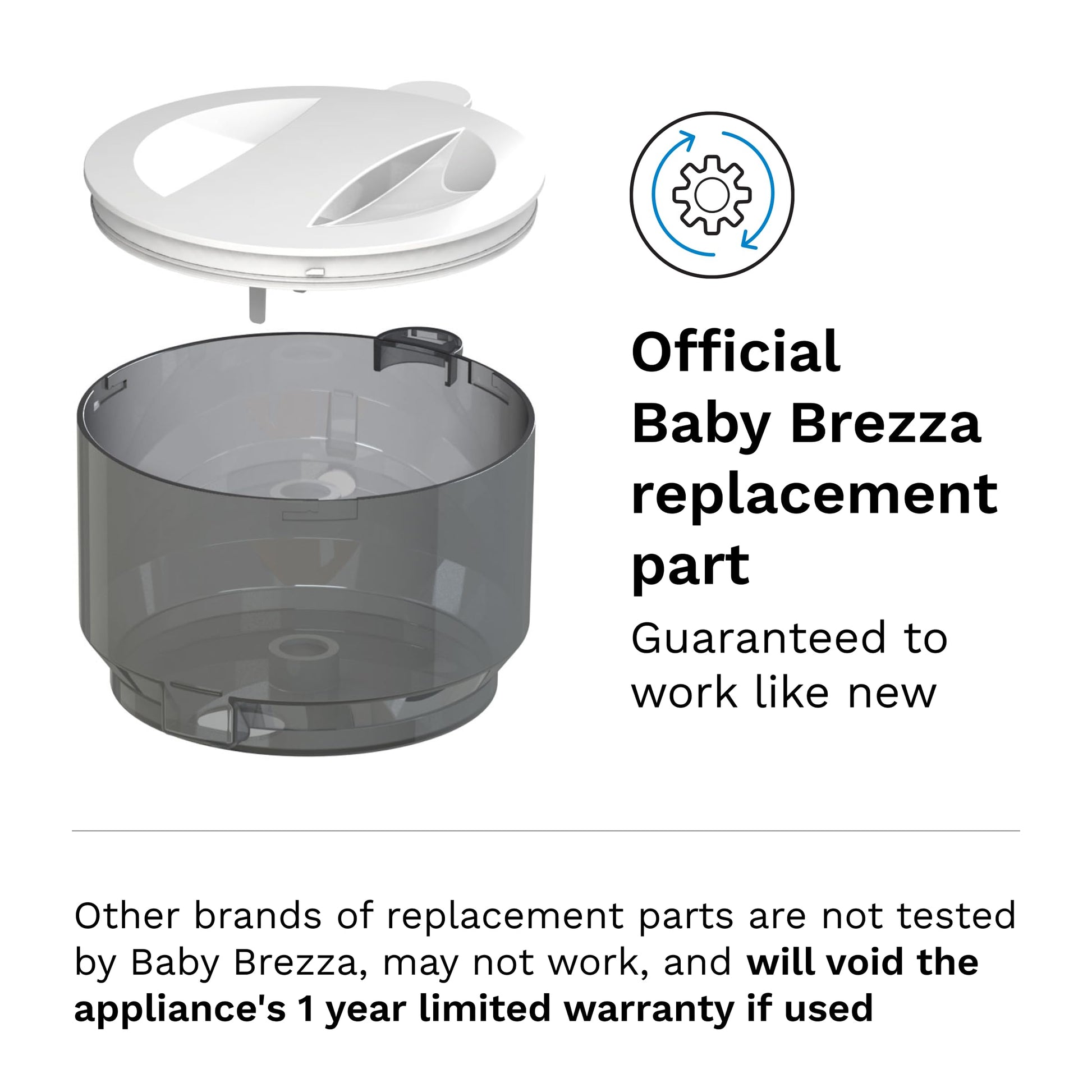 Imported Baby Brezza infant formula maker replacement components clean top view.