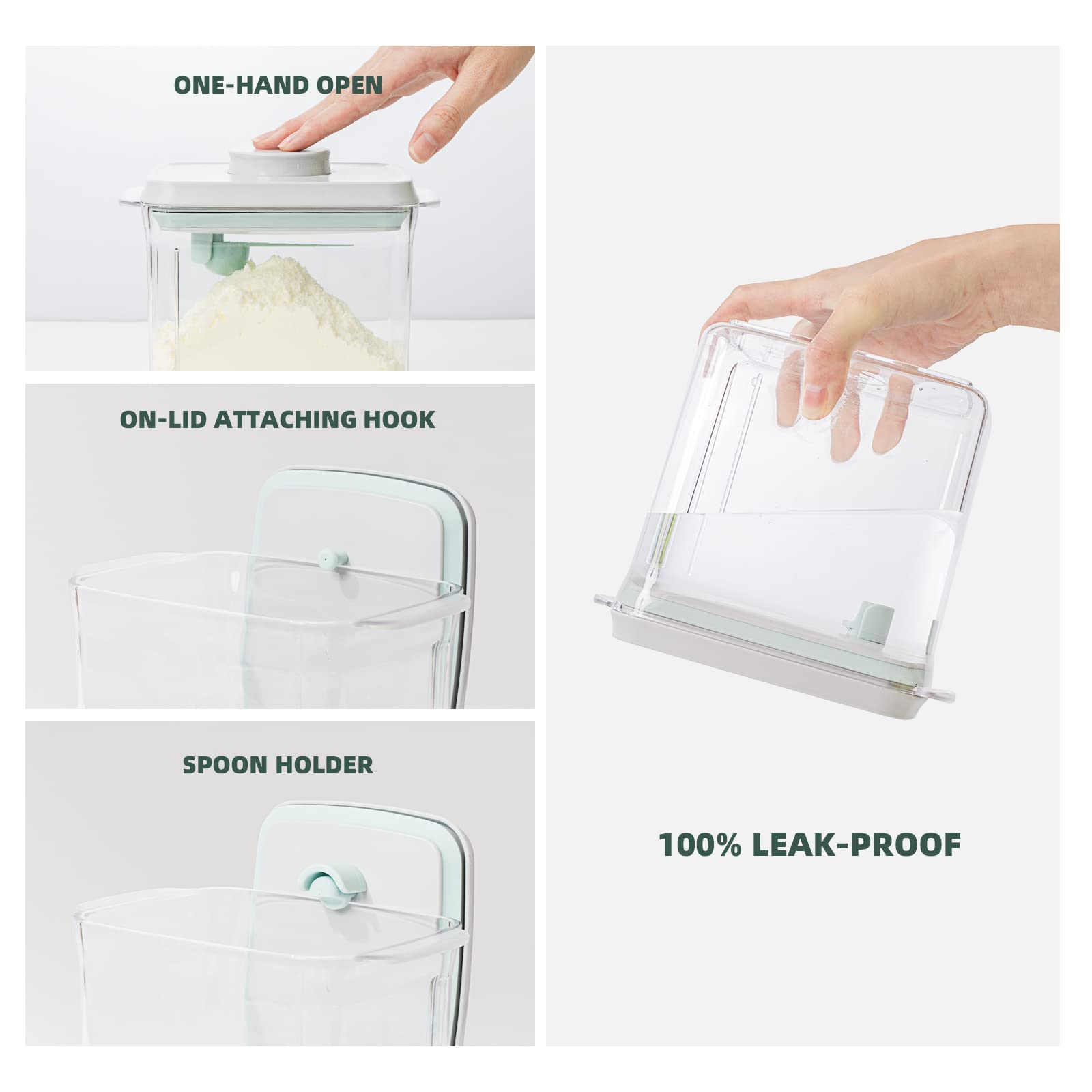BPA free baby milk powder container with one hand pop top lid operation close up