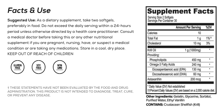 Onnit Antarctic krill oil softgels side label displaying nutritional facts