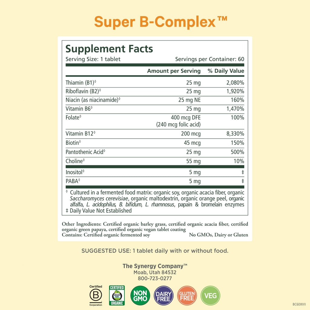 Pure Synergy whole food vitamin B complex supplement nutrition facts label