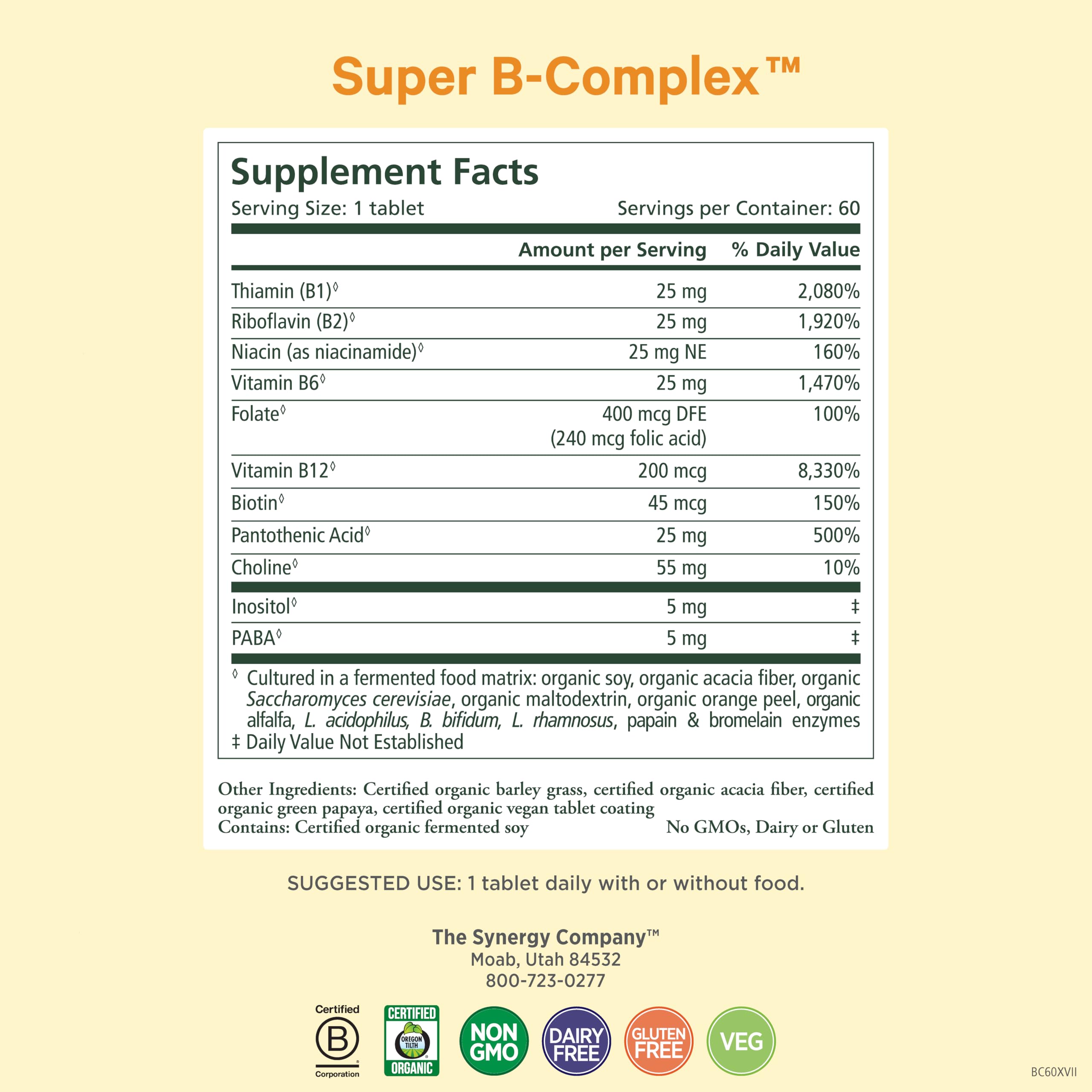 Pure Synergy whole food vitamin B complex supplement nutrition facts label