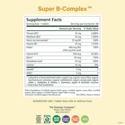 Pure Synergy whole food vitamin B complex supplement nutrition facts label