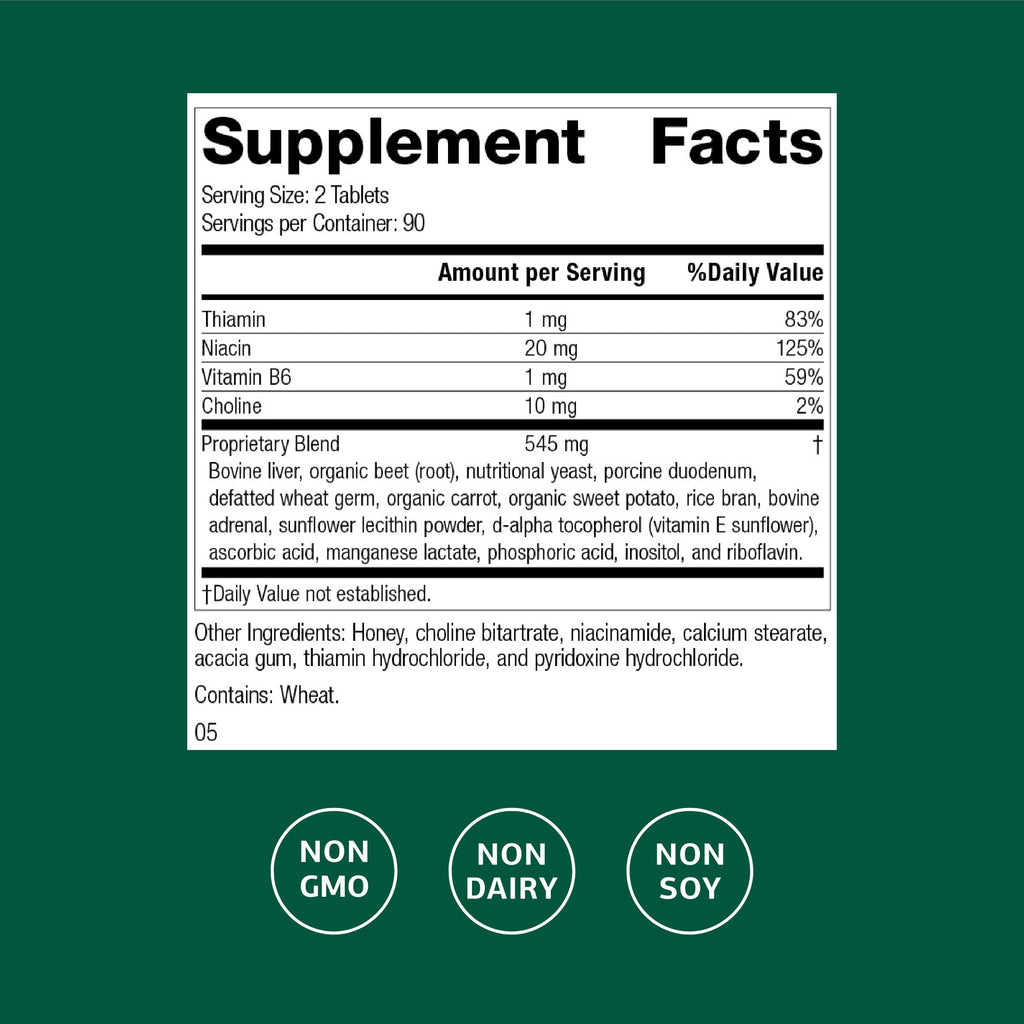 Standard Process Cataplex B nutritional label detailing whole food vitamin B ingredients.
