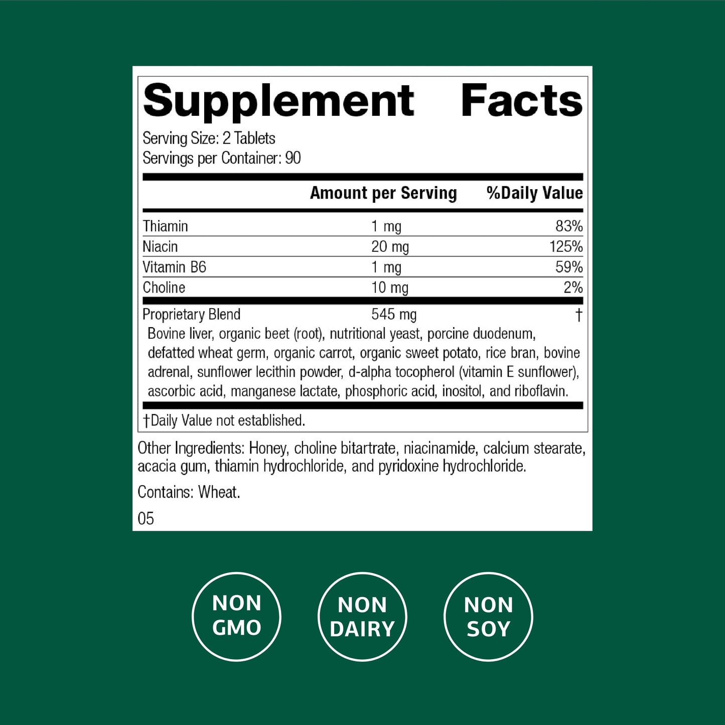 Standard Process Cataplex B nutritional label detailing whole food vitamin B ingredients.