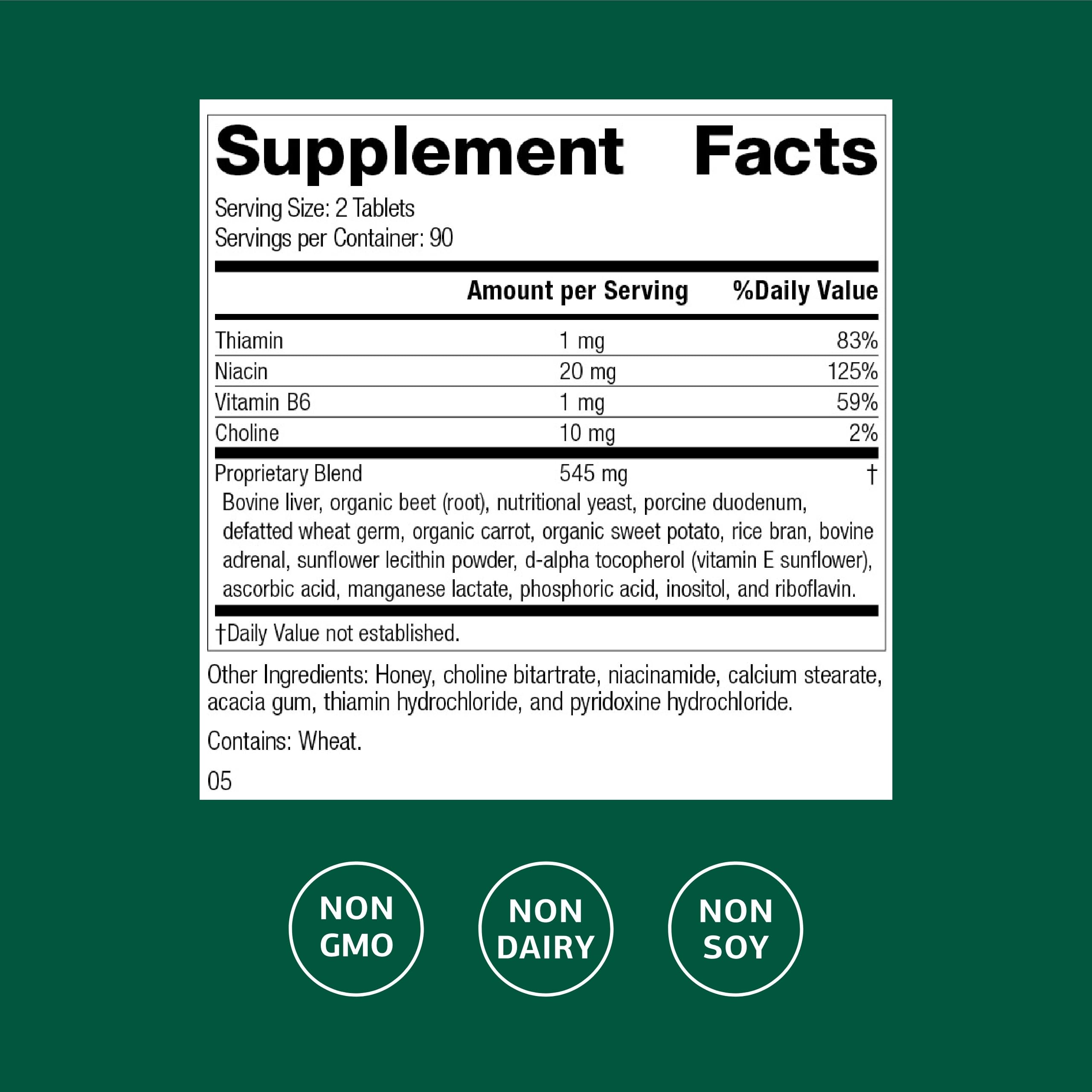 Standard Process Cataplex B nutritional label detailing whole food vitamin B ingredients.