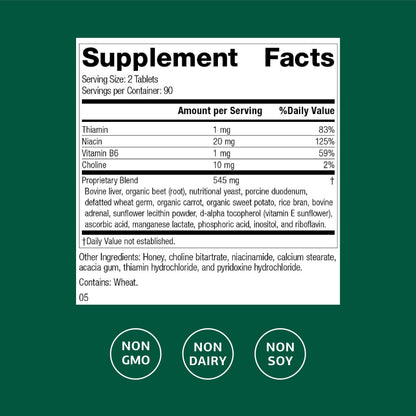 Standard Process Cataplex B nutritional label detailing whole food vitamin B ingredients.