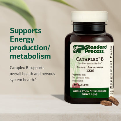 Side angle of Standard Process Cataplex B 180 Tablets bottle imported from the USA.