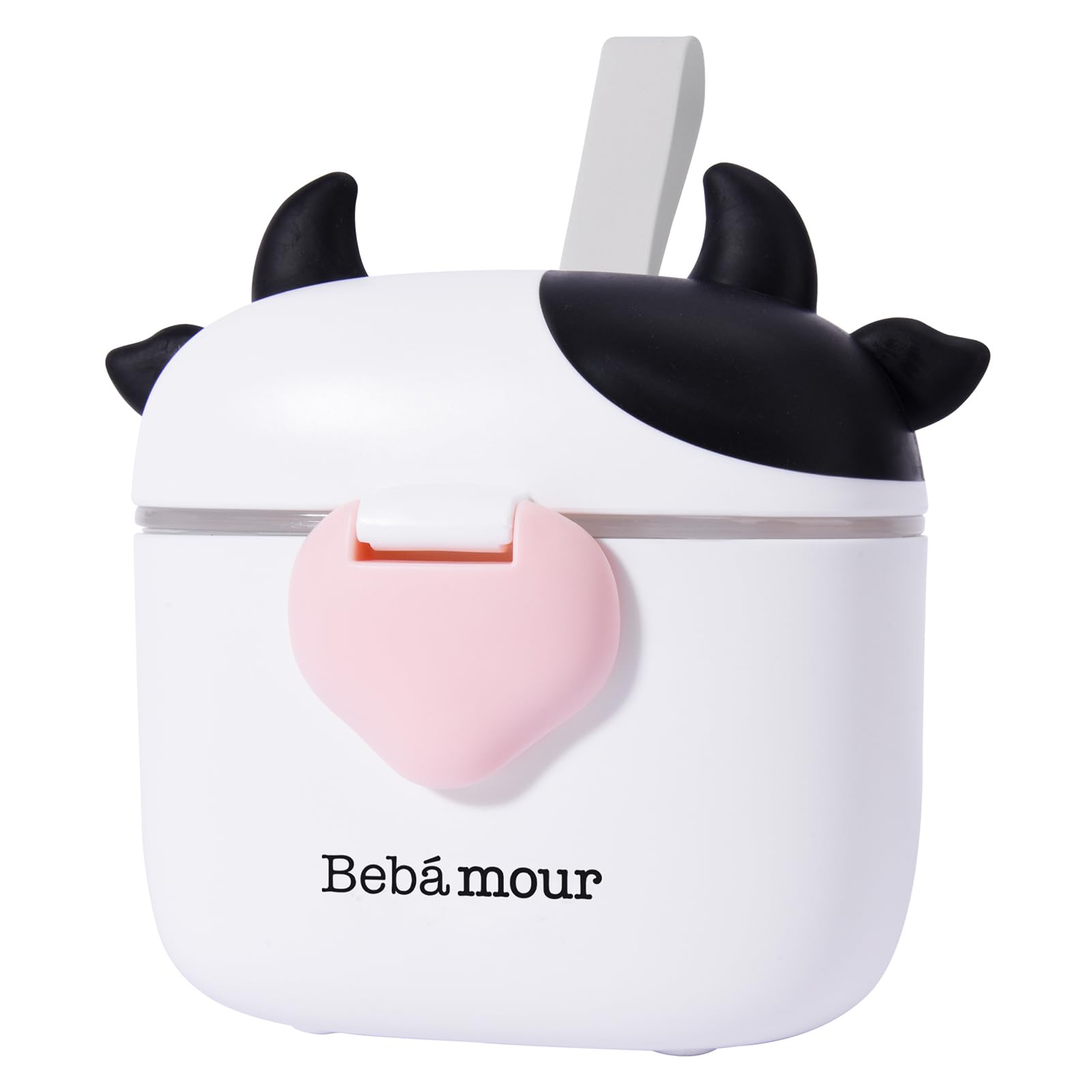 Bebamour milk powder container open lid showing measuring spoon and leveller