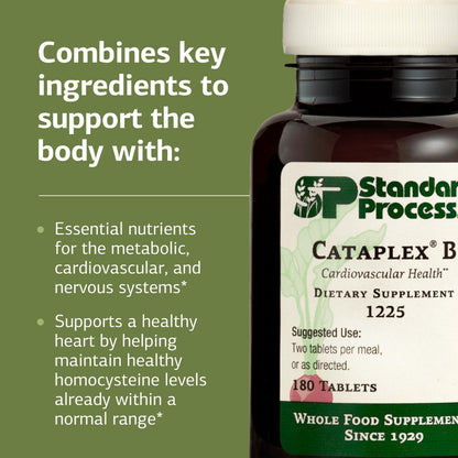 Authentic Standard Process Cataplex B supplement bottle showing cardiovascular and nervous system benefits.