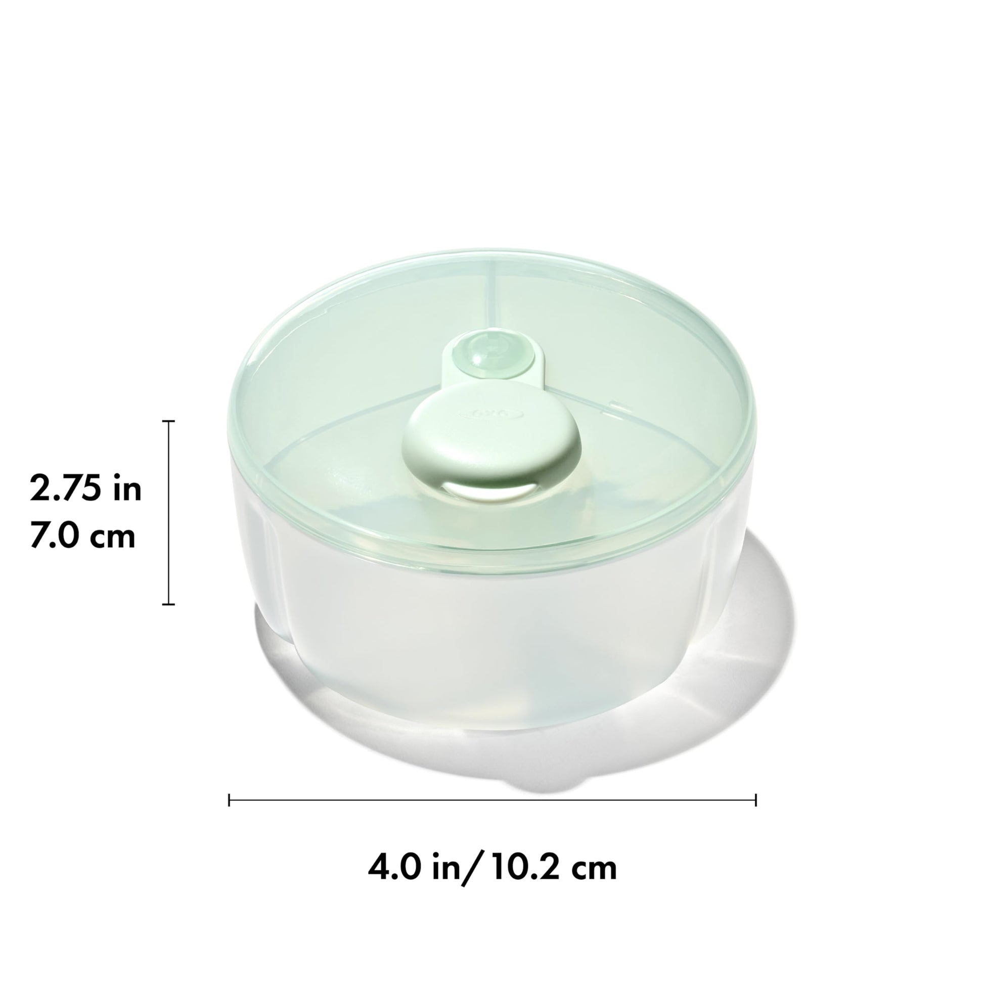 OXO Tot Baby Formula Powder Dispenser disassembled for easy top-rack dishwasher cleaning.