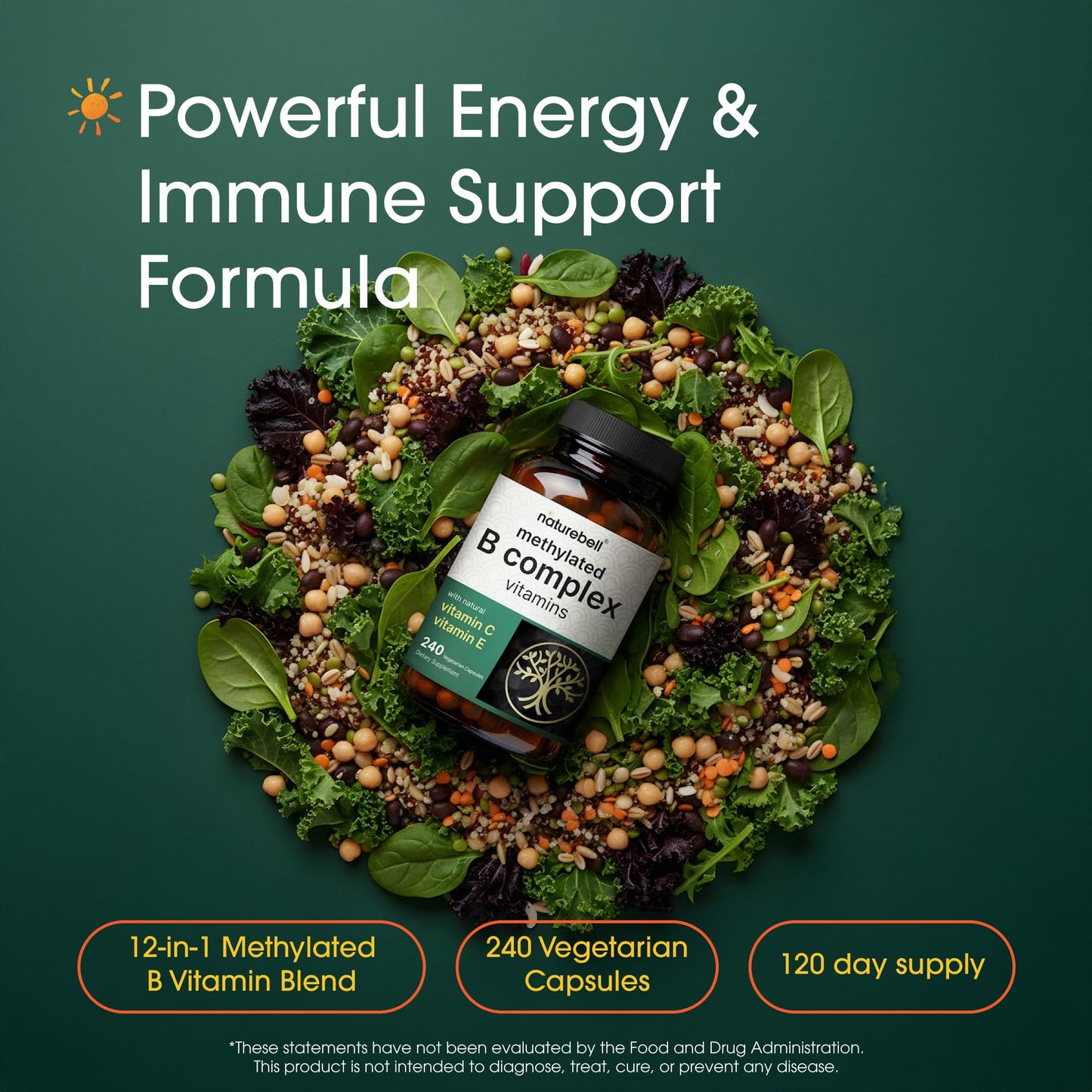 NatureBell bioactive B complex supplement facts label showing methylated folate and B12 ingredients.