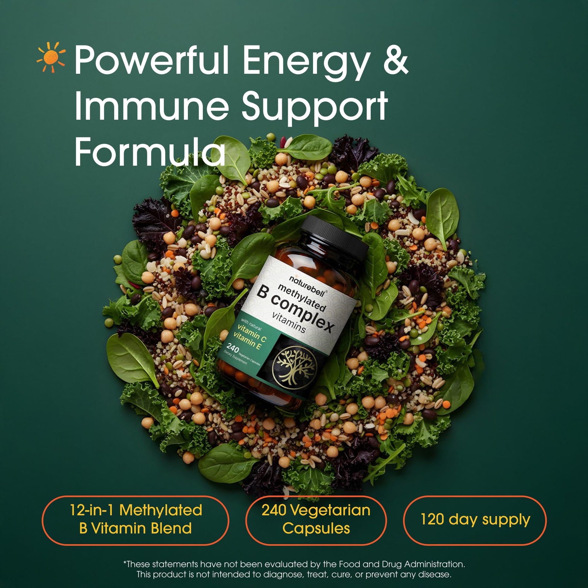NatureBell bioactive B complex supplement facts label showing methylated folate and B12 ingredients.