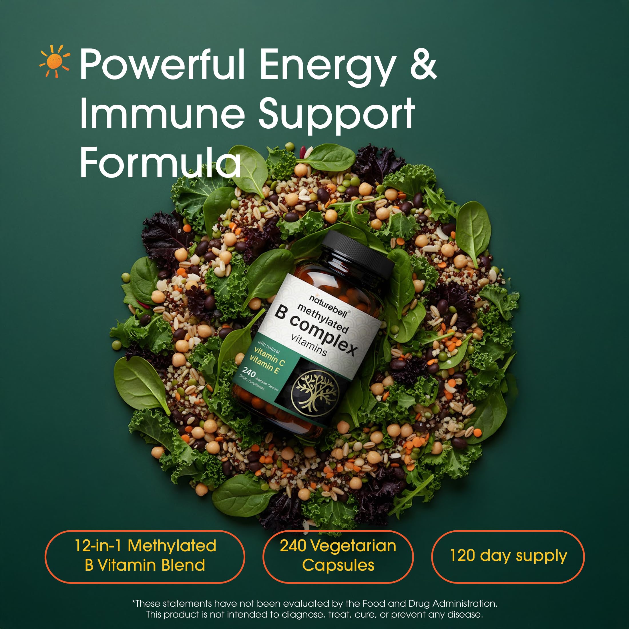 NatureBell bioactive B complex supplement facts label showing methylated folate and B12 ingredients.