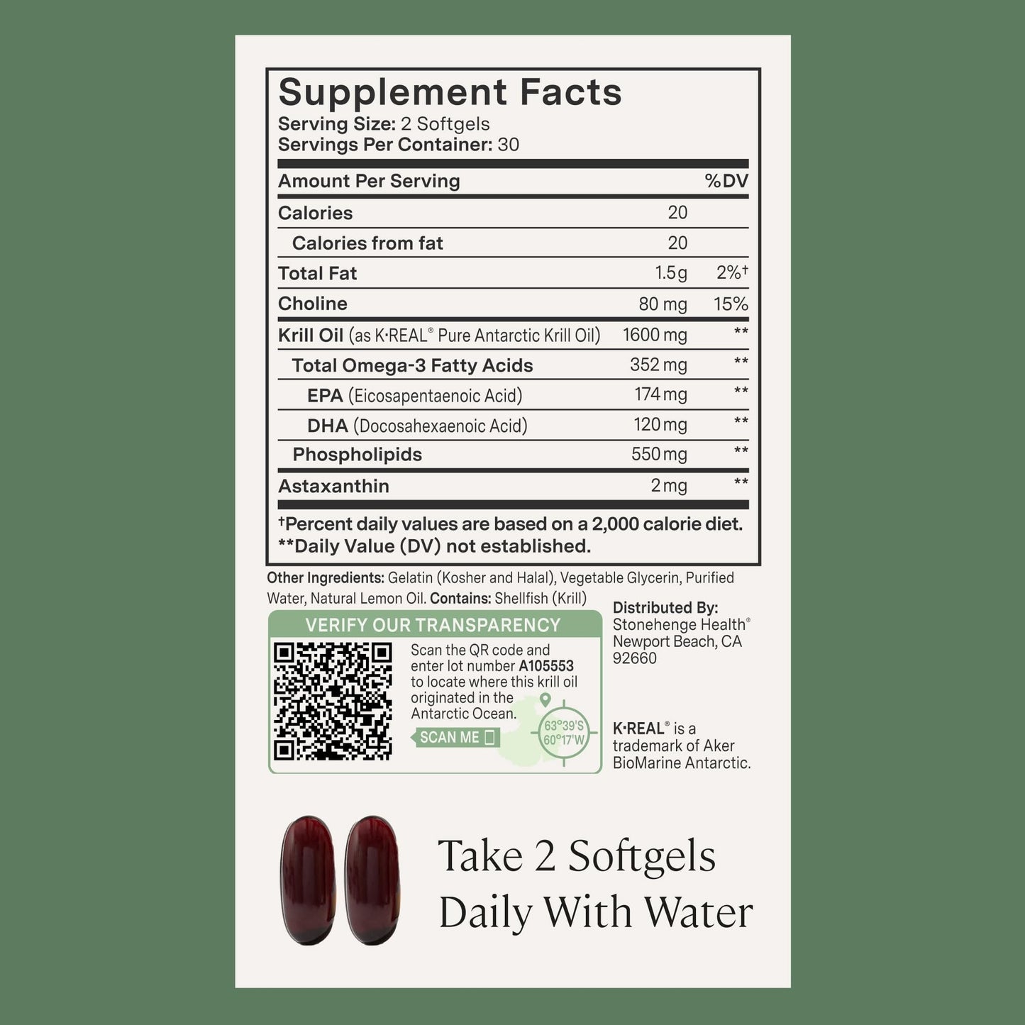 Authentic imported Stonehenge Health Antarctic krill oil capsules alongside natural lemon oil details.