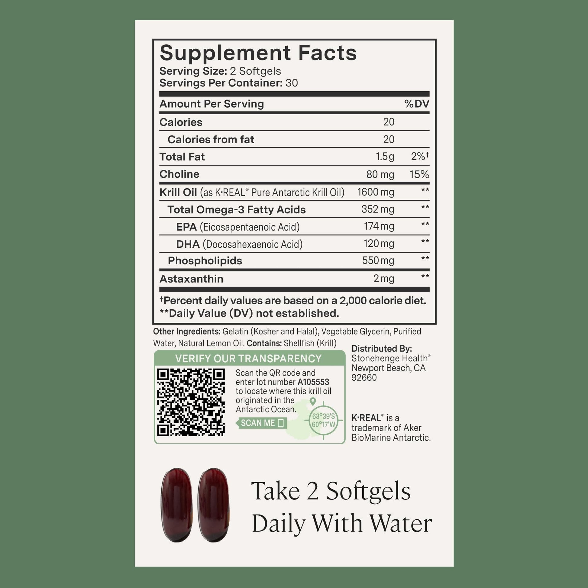 Authentic imported Stonehenge Health Antarctic krill oil capsules alongside natural lemon oil details.