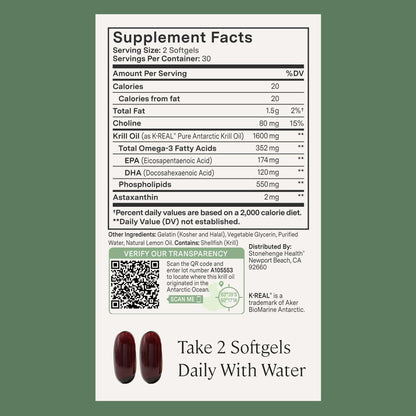 Authentic imported Stonehenge Health Antarctic krill oil capsules alongside natural lemon oil details.