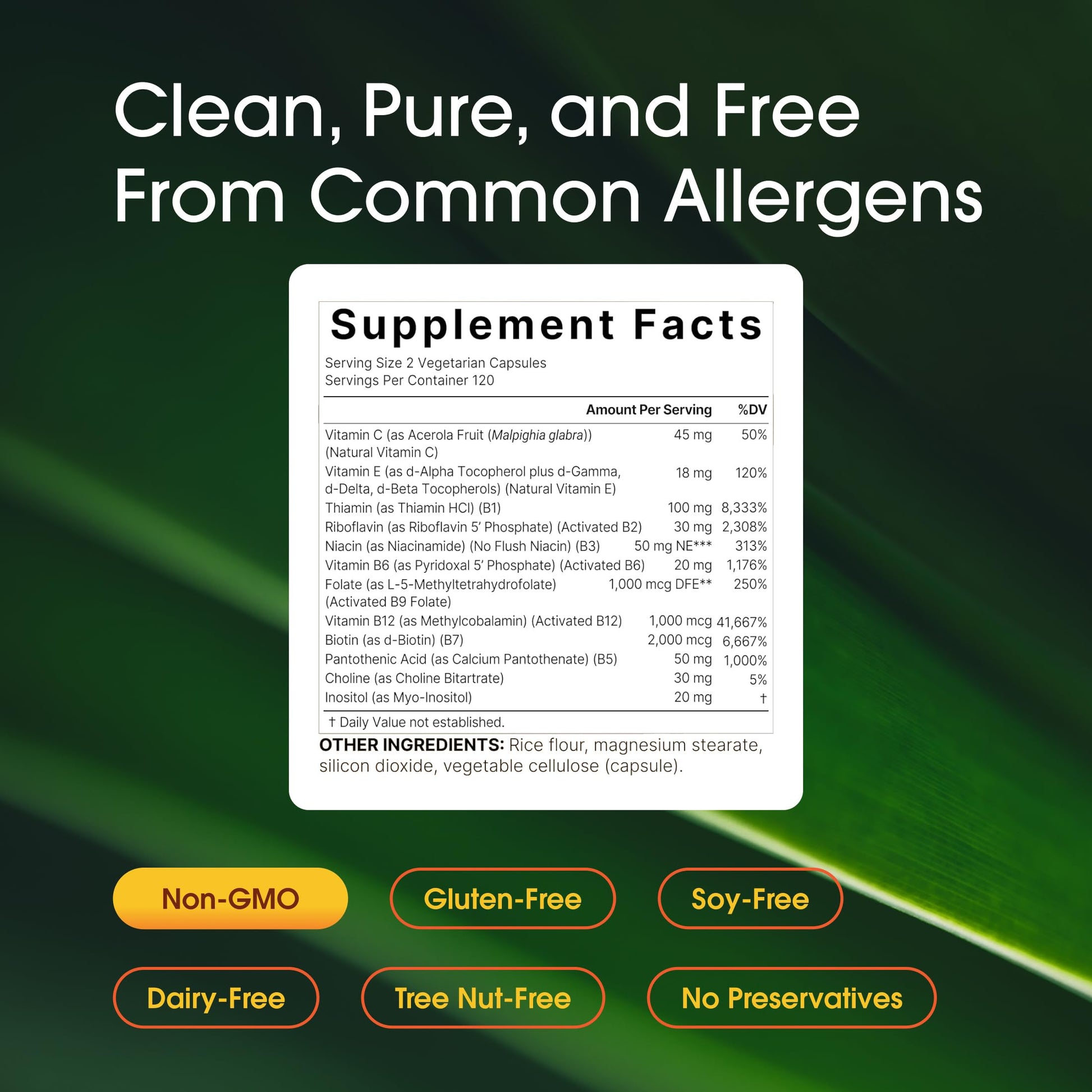 NatureBell 12 in 1 formula capsule size and non GMO gluten free certifications.