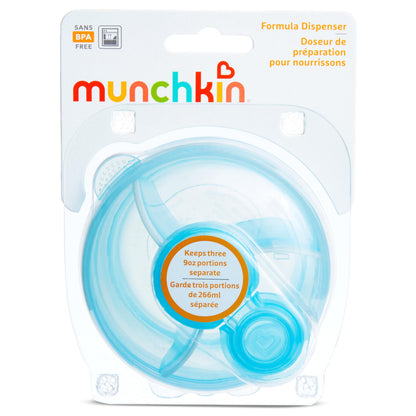 Munchkin portable infant formula container in blue being used to pour pre measured powder into a baby bottle.