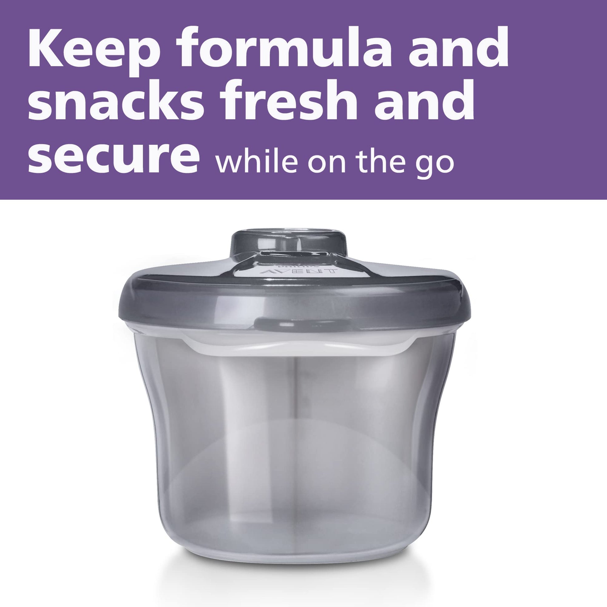 Philips Avent baby formula holder with rotating spill proof cap open