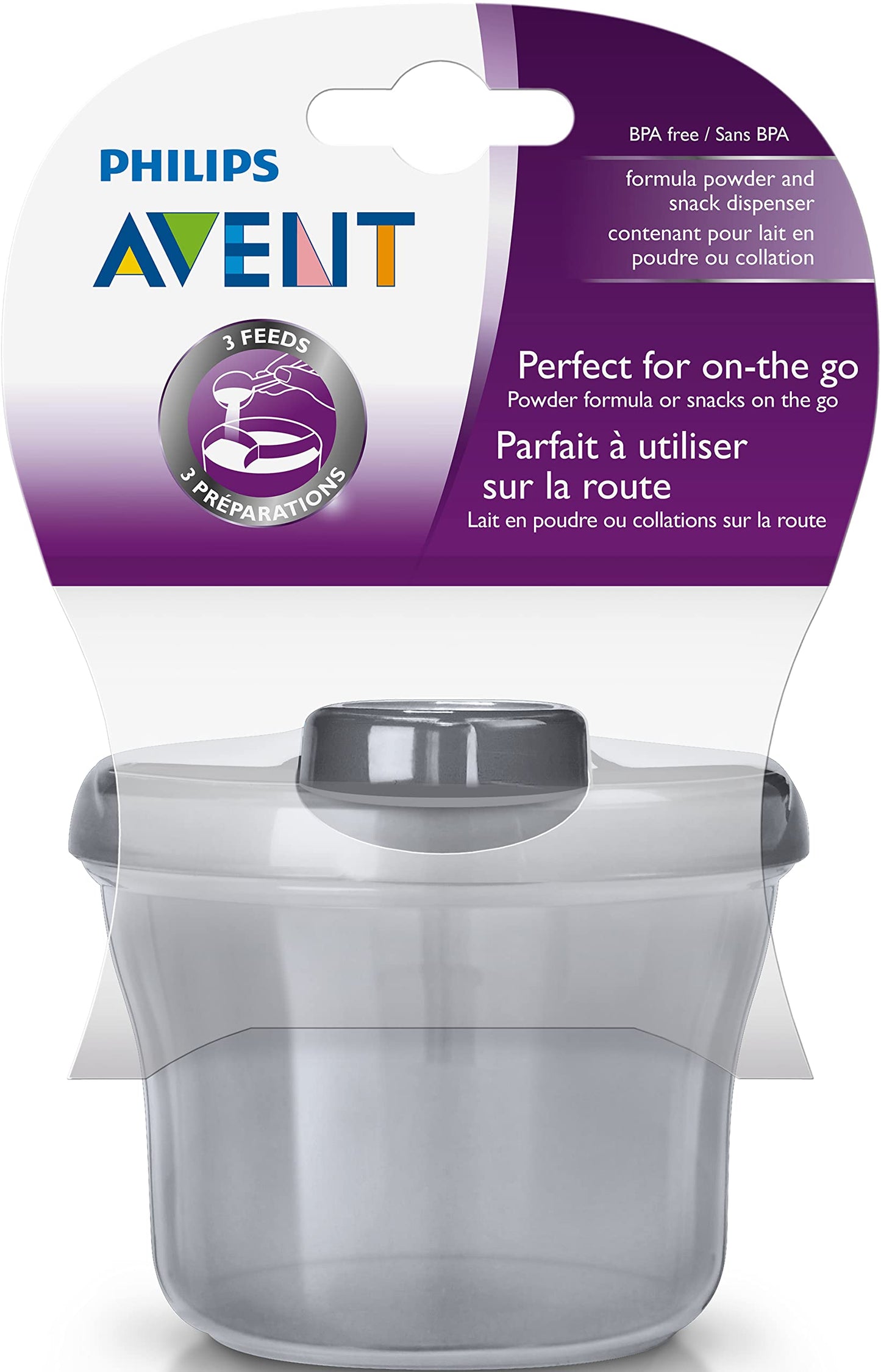 Philips Avent unisex baby formula container placed next to a baby bottle
