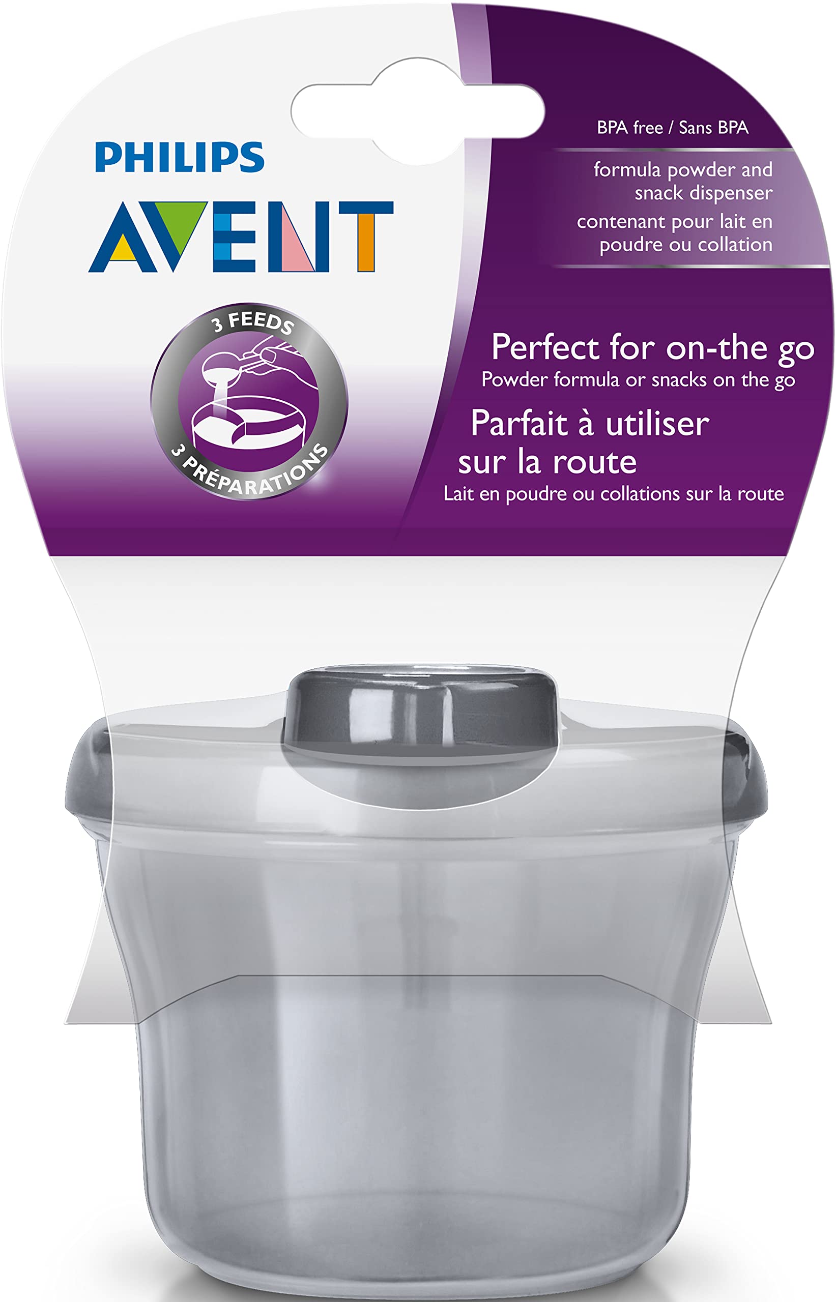 Philips Avent unisex baby formula container placed next to a baby bottle