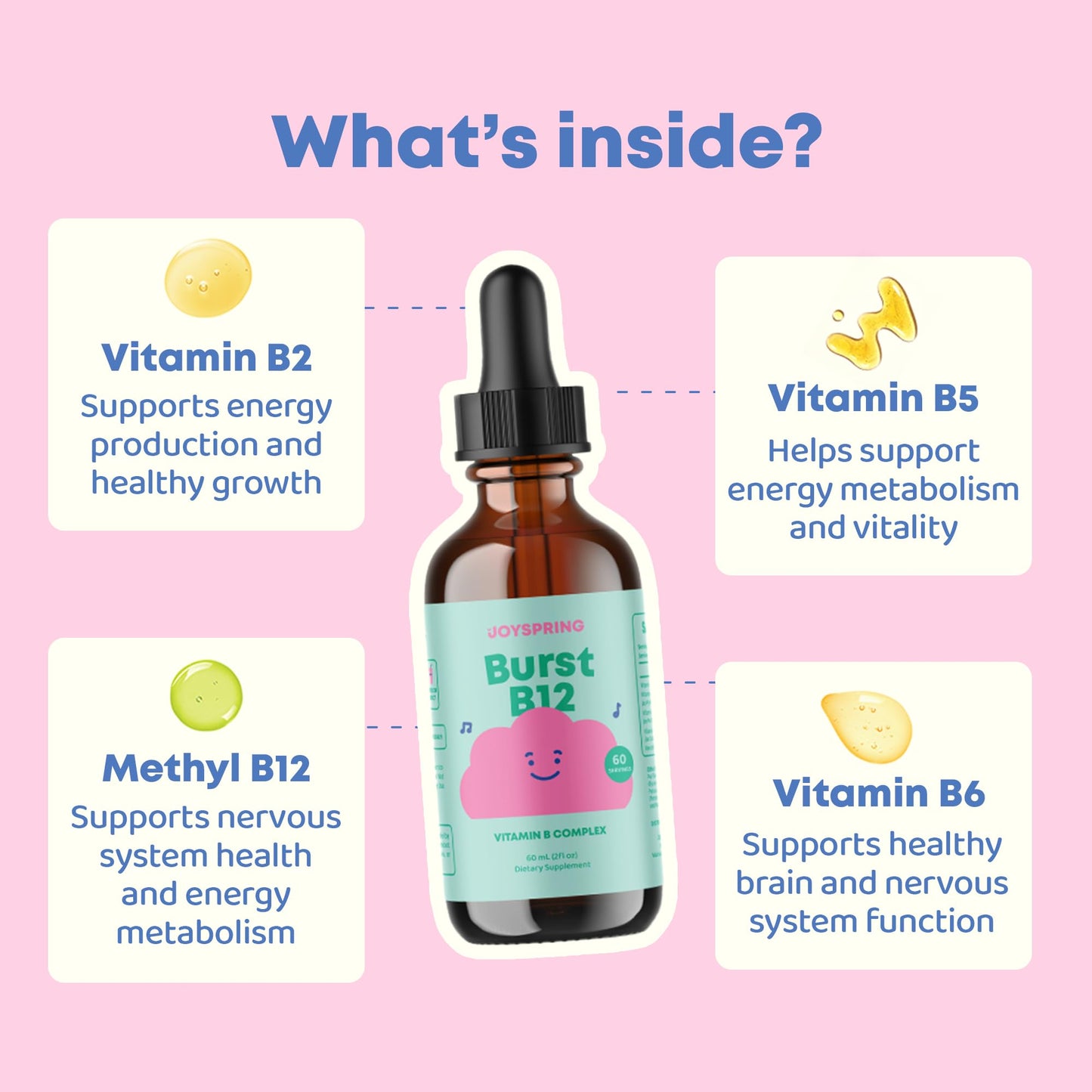 JoySpring toddler and kids B complex vitamin drops for daily energy and concentration support.