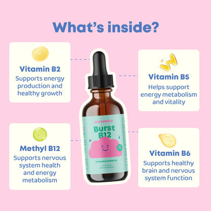 JoySpring toddler and kids B complex vitamin drops for daily energy and concentration support.