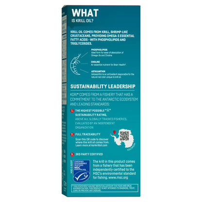 Authentic Kori Krill Oil packaging displaying natural phospholipid and astaxanthin benefits.