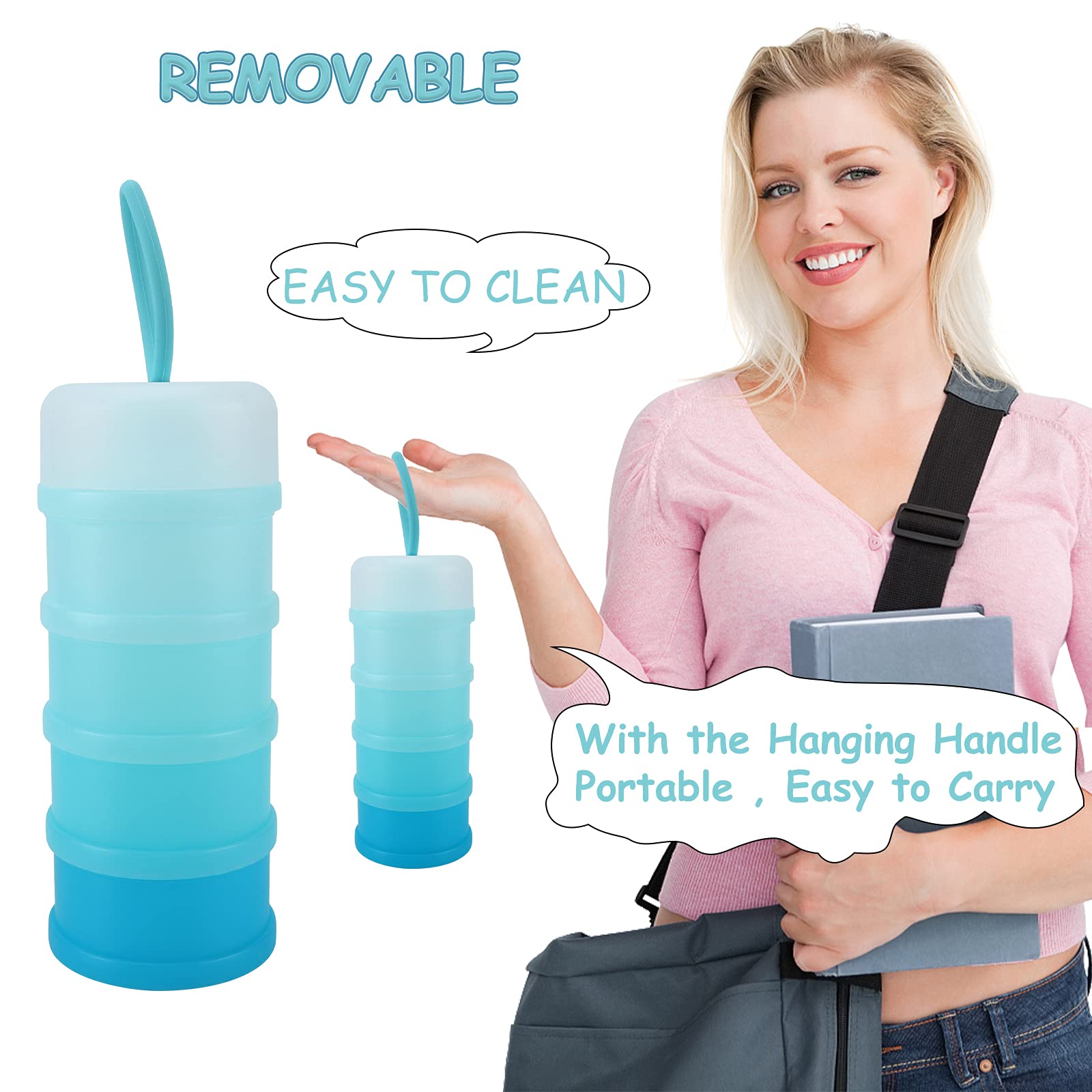 Pouring milk powder from the stackable dispenser into a plastic baby bottle