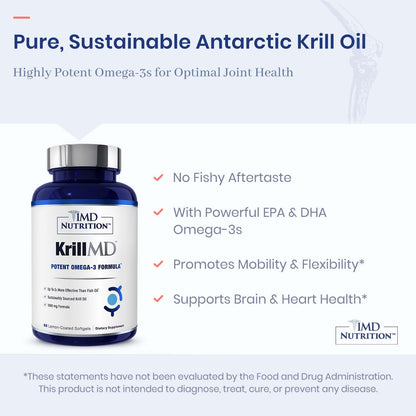 Authentic USA imported 1MD Nutrition KrillMD bottle displaying supplement facts panel