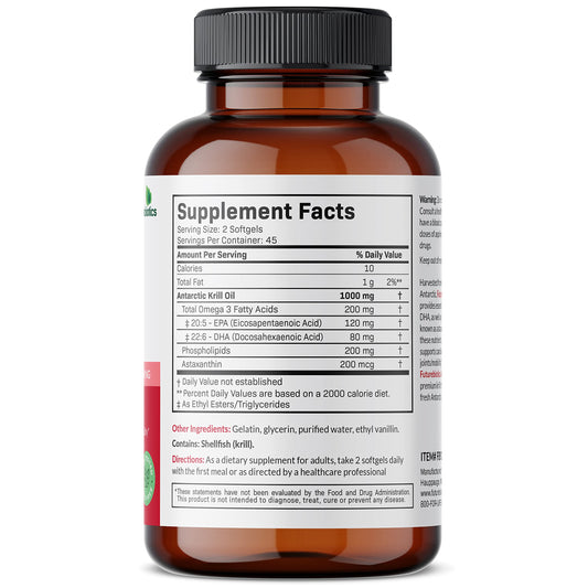 Futurebiotics Antarctic Krill Oil supplement bottle showing Omega 3 EPA DHA and astaxanthin ingredients.