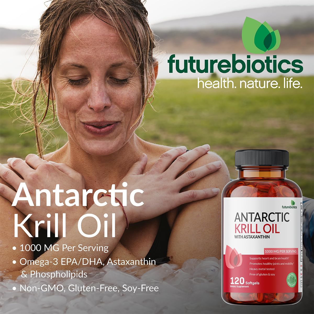 Futurebiotics Krill Oil 90 softgels packaging illustrating non GMO and heavy metal tested seals.