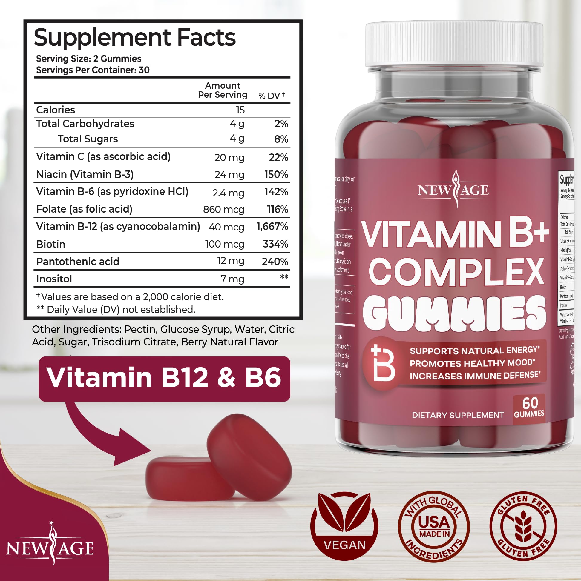 New Age B complex supplements label view highlighting vegan and gluten free certifications