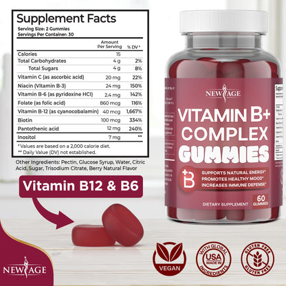 New Age B complex supplements label view highlighting vegan and gluten free certifications