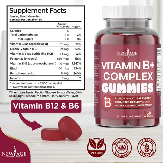 New Age B complex supplements label view highlighting vegan and gluten free certifications