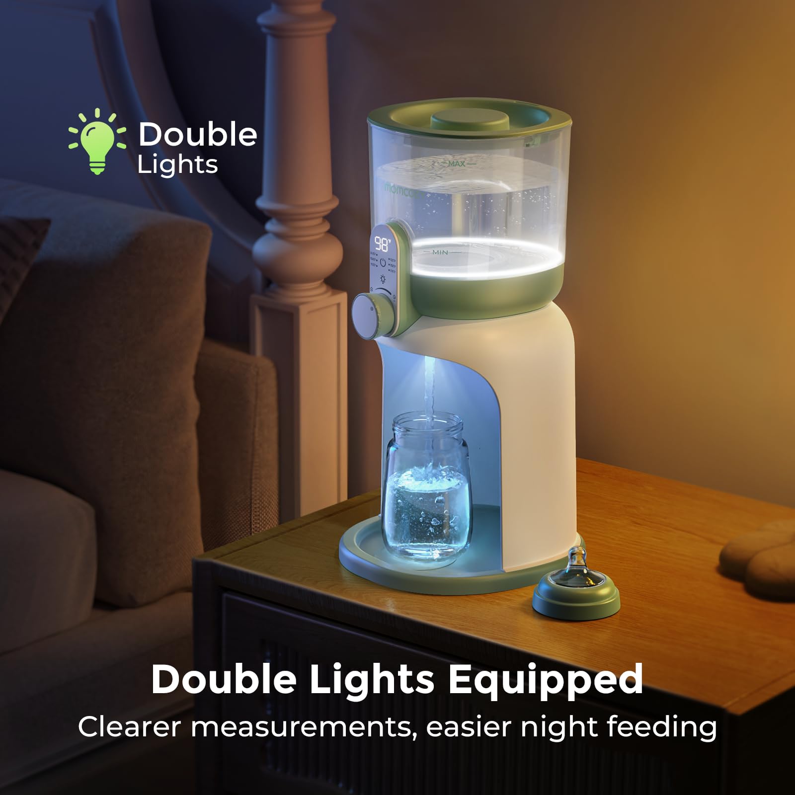 Momcozy Formula Water Dispenser showing the six adjustable temperature settings on the digital screen