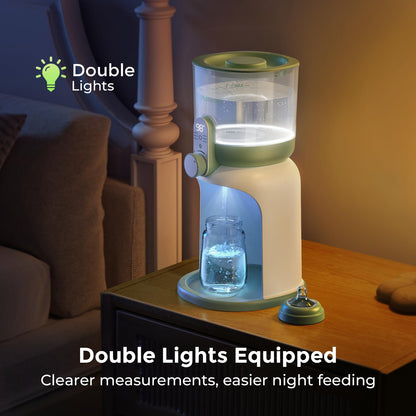Momcozy Formula Water Dispenser showing the six adjustable temperature settings on the digital screen