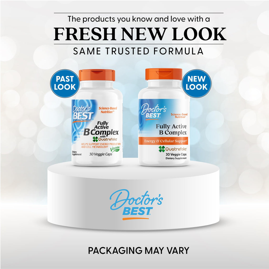 Doctor's Best Fully Active B Complex supplement facts panel detailing B vitamin dosages.