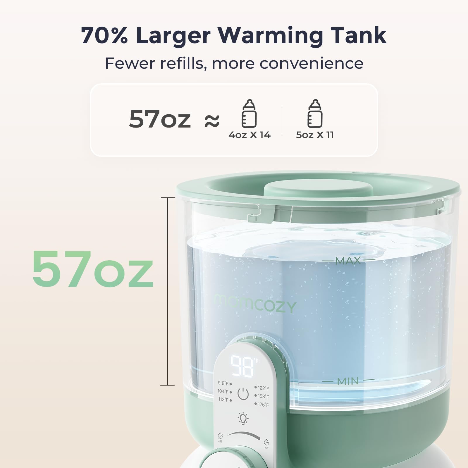 Momcozy Baby Bottle Warmer displaying the dual lights feature activated during a night feeding