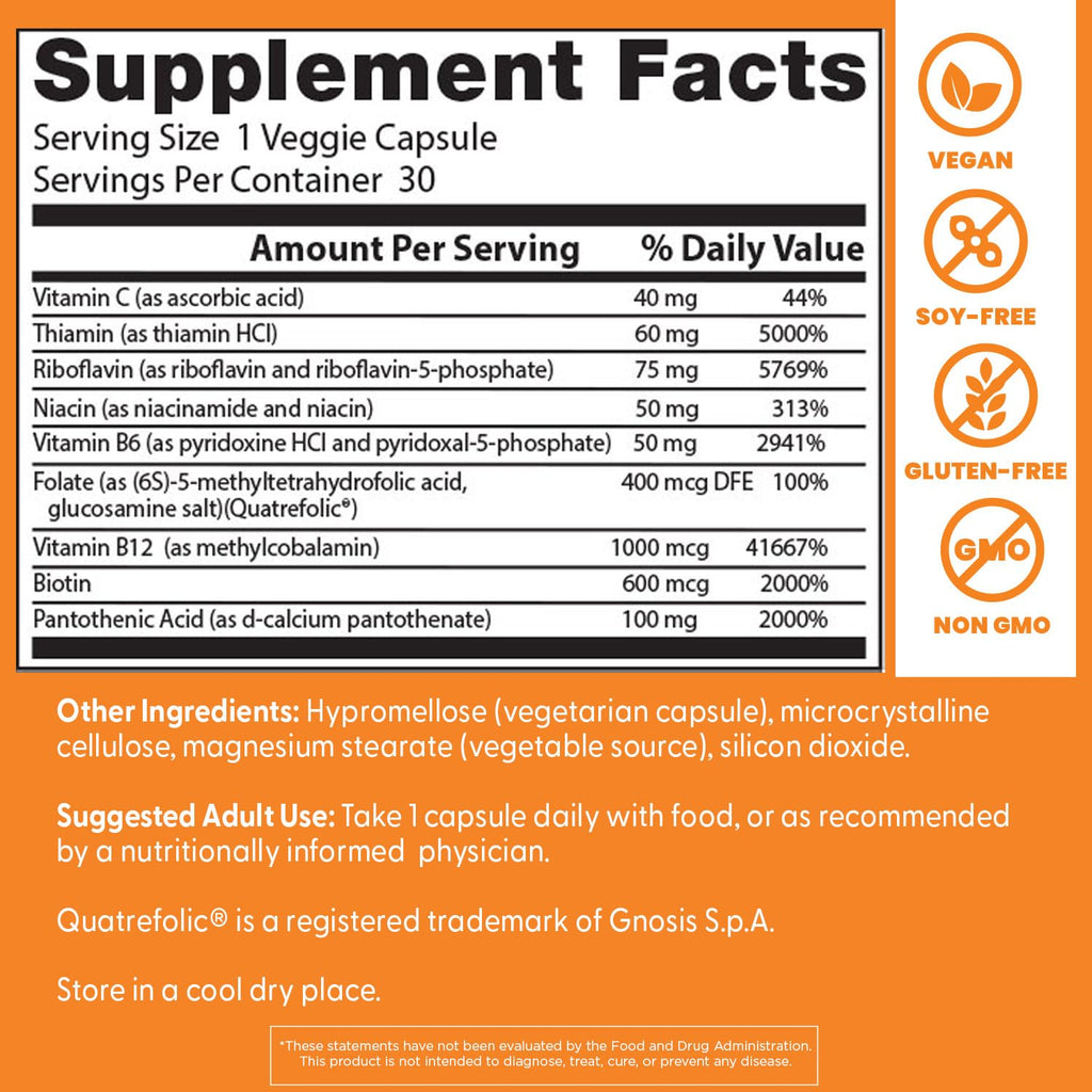 Side angle of the Doctor's Best Fully Active B Complex container displaying usage instructions.