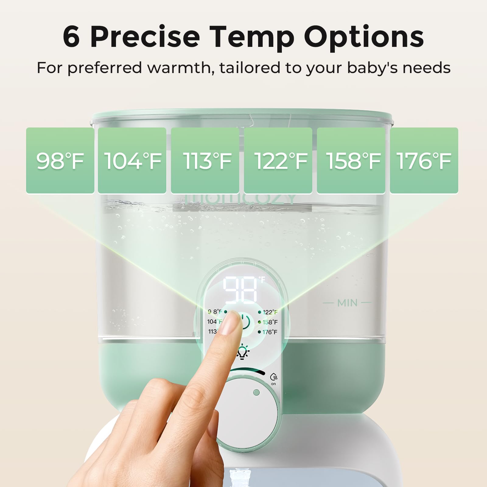 Momcozy Instant Water Warmer dispensing precise warm water into a clear baby bottle