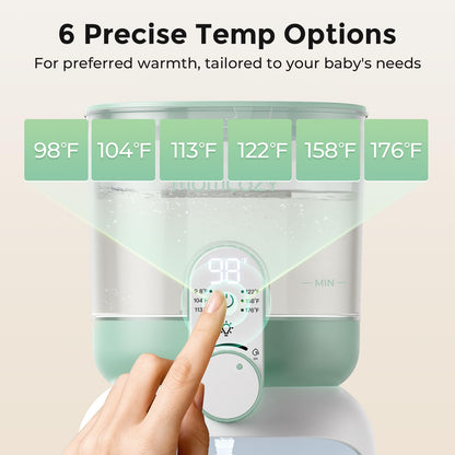Momcozy Instant Water Warmer dispensing precise warm water into a clear baby bottle