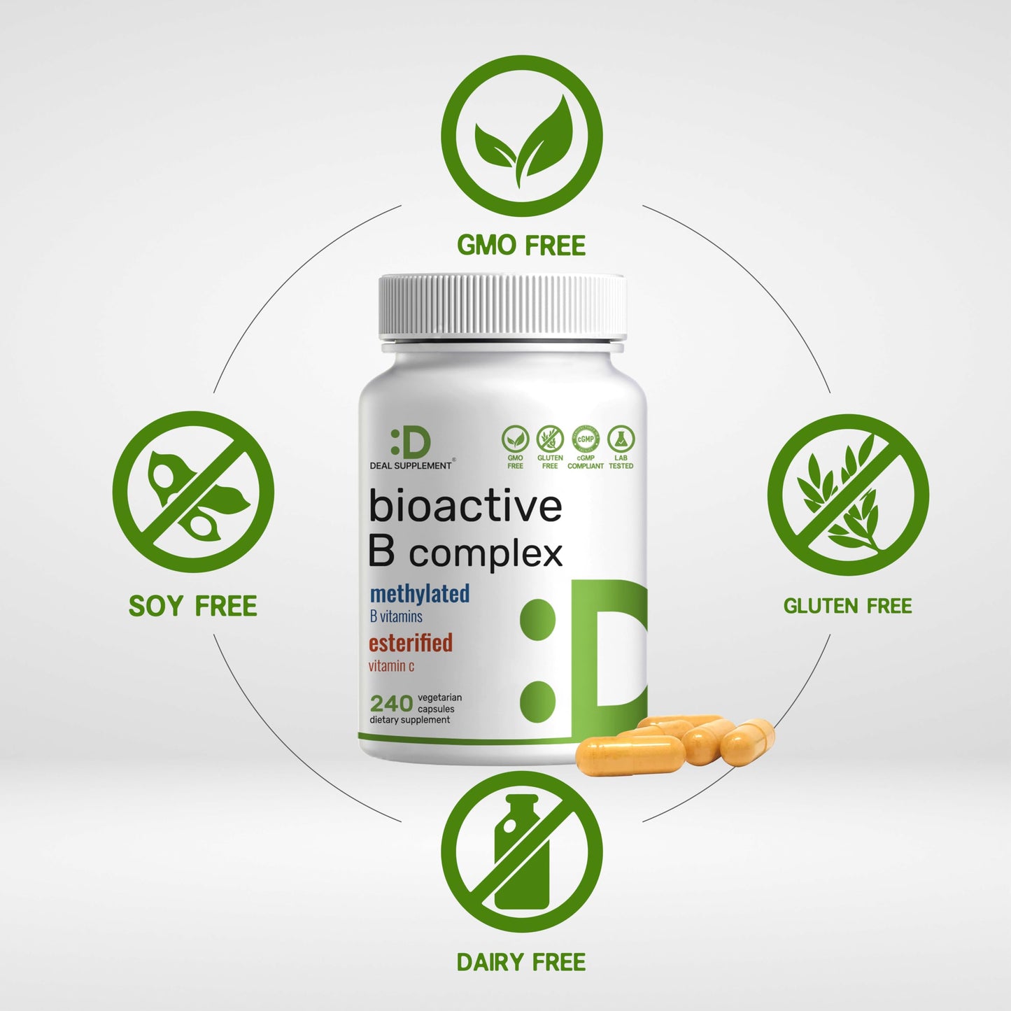 Premium USA imported Deal Supplement Vitamin B12 and methylfolate veggie capsules container display