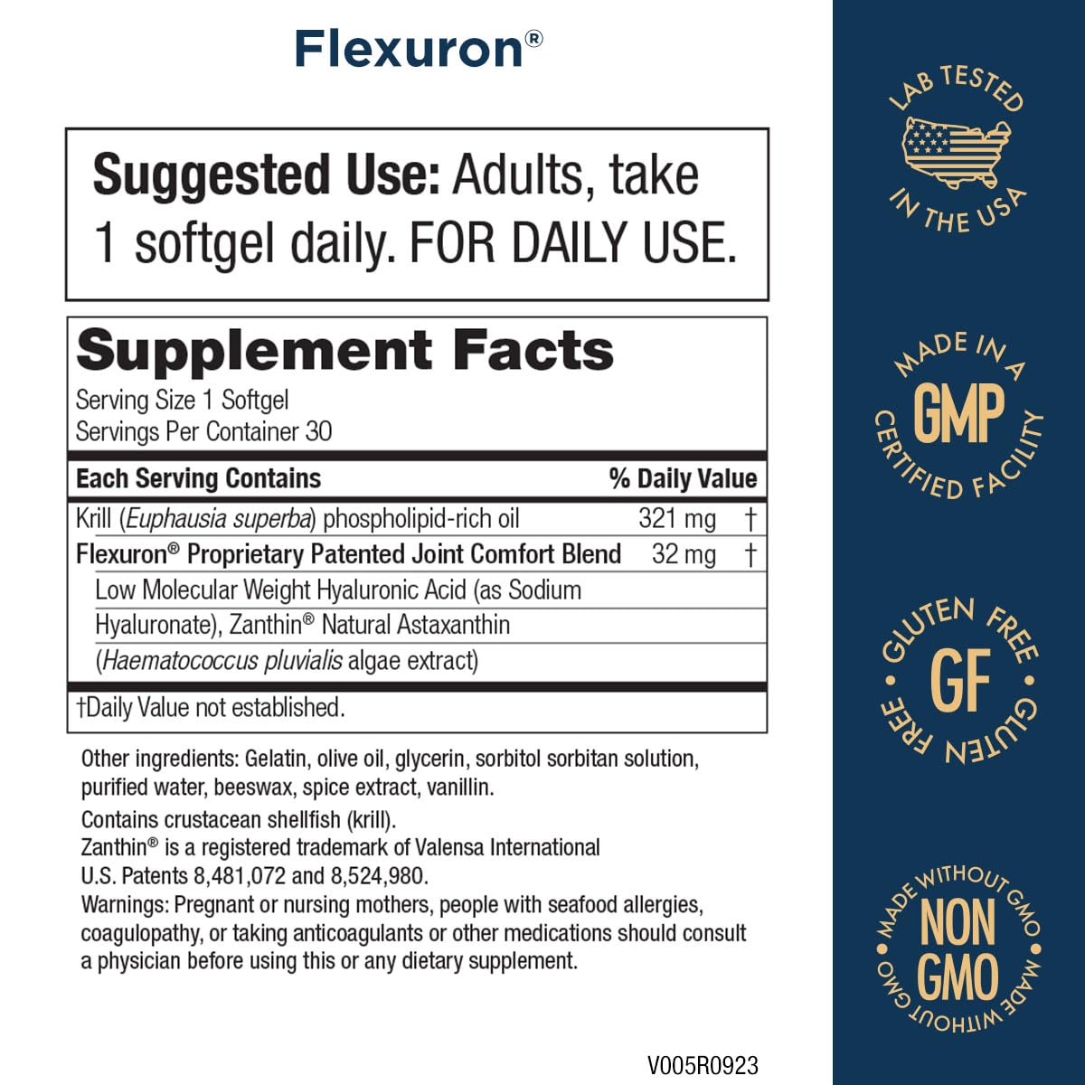 Purity Products Flexuron 30 softgels packaging showing krill oil ingredient details