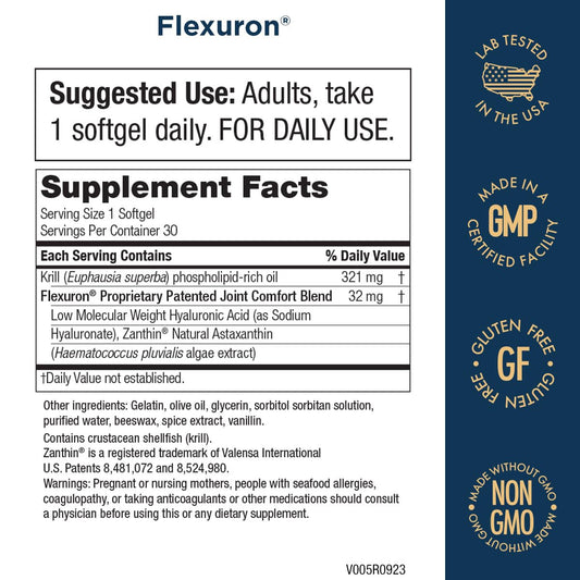 Purity Products Flexuron 30 softgels packaging showing krill oil ingredient details